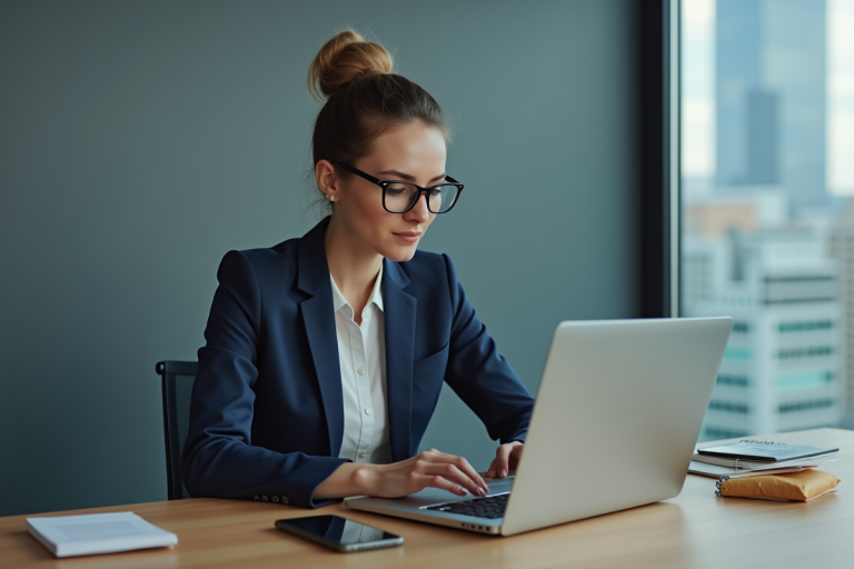 Femme professionnelle en blazer navy travaillant sur un ordinateur