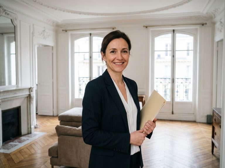 Femme d'affaires souriante dans un appartement parisien