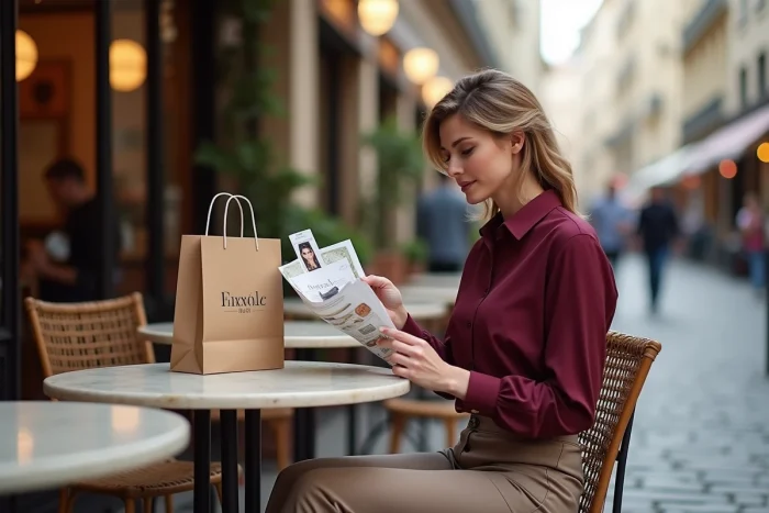 Femme examinant un prospectus de réduction prix rouge La Redoute en terrasse de café parisien