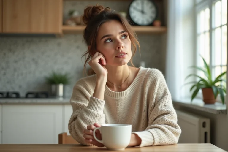 Femme réfléchie dans la cuisine avec horloge 11h22