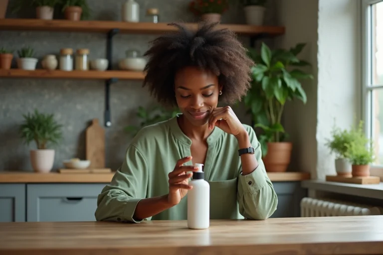 Femme lisant les ingrédients d'un produit de soin naturel