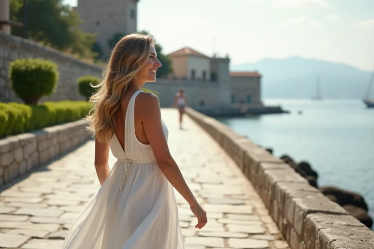 Femme souriante en robe blanche sur la promenade d'Izmir