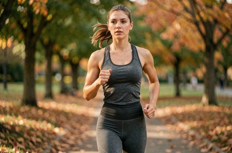 Femme sportive en train de courir dans un parc urbain en automne, illustrant le sport féminin au quotidien