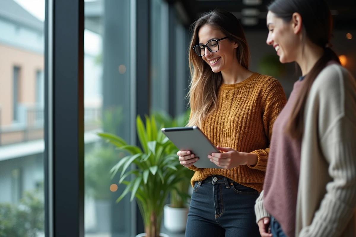 Femme souriante montrant une tablette dans un espace de coworking