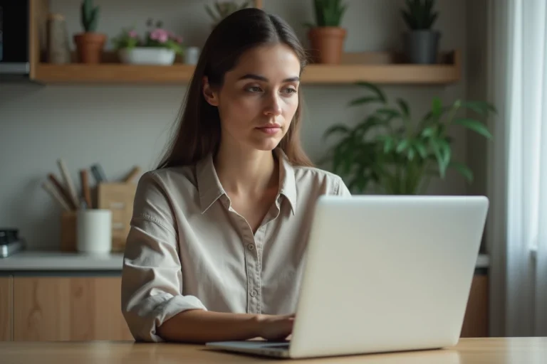 Jeune femme en télétravail dans sa cuisine moderne