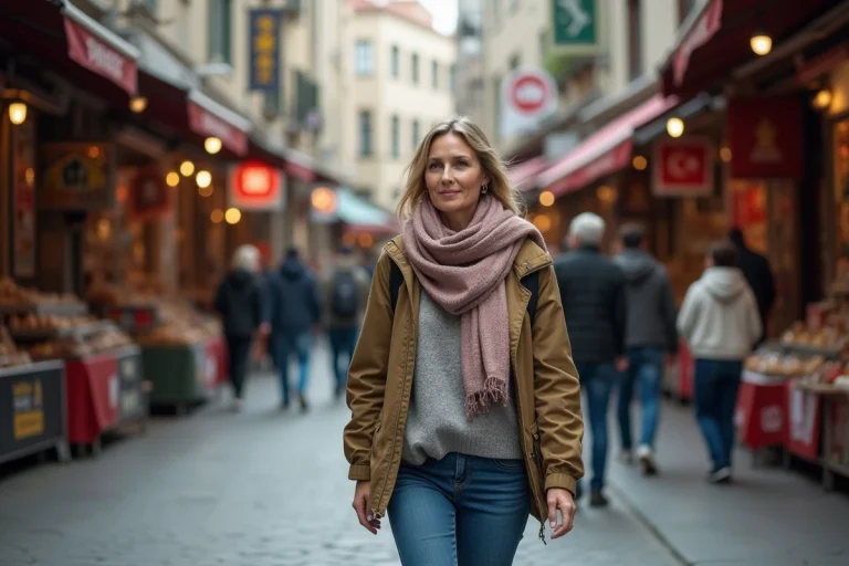 Femme voyageuse à Istanbul marche dans la rue historique