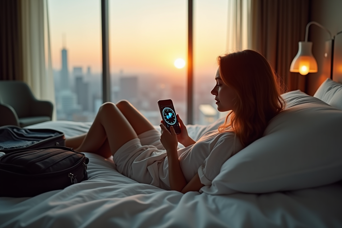 Jeune femme voyageuse sur un lit avec téléphone et valises