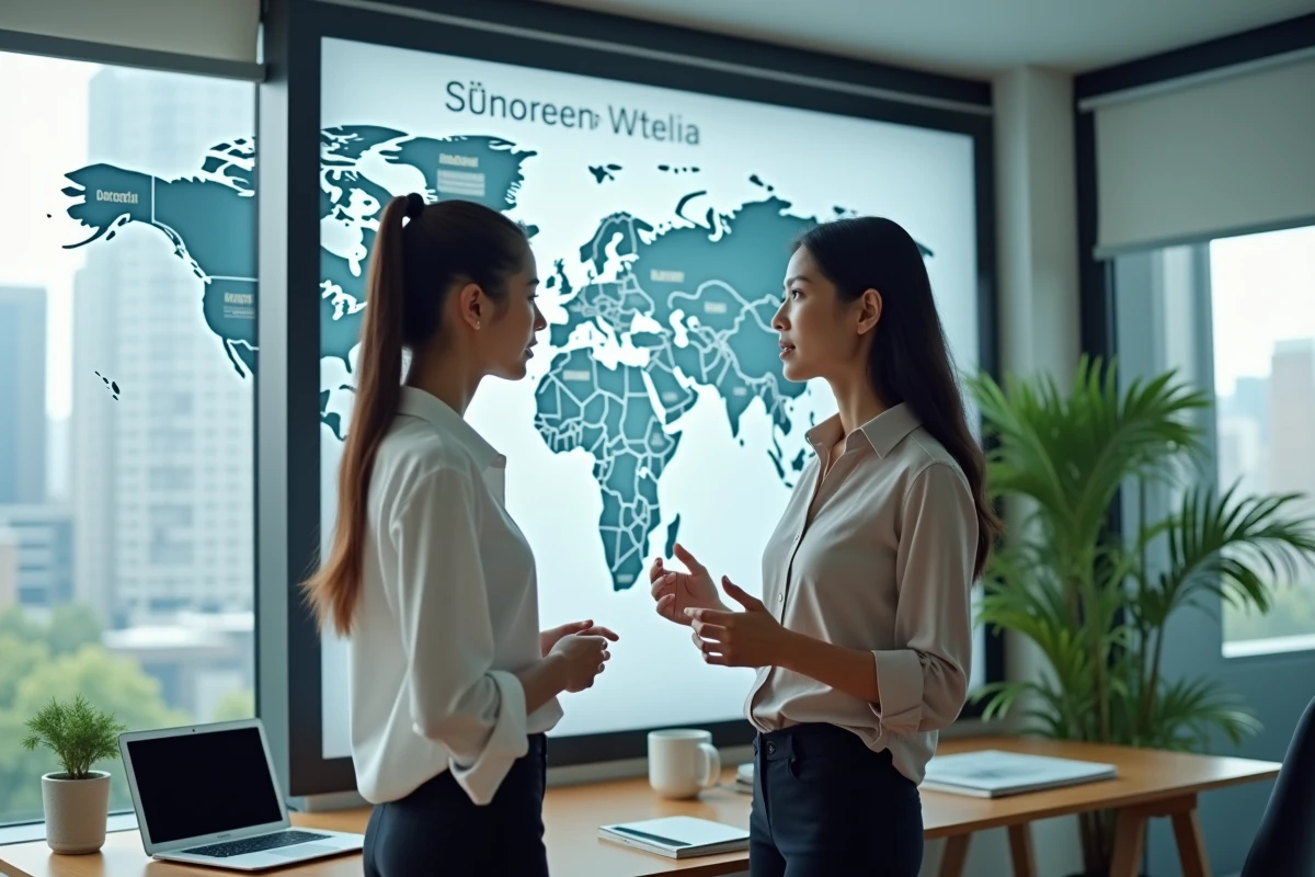 Deux jeunes femmes discutant devant une carte du monde numérique