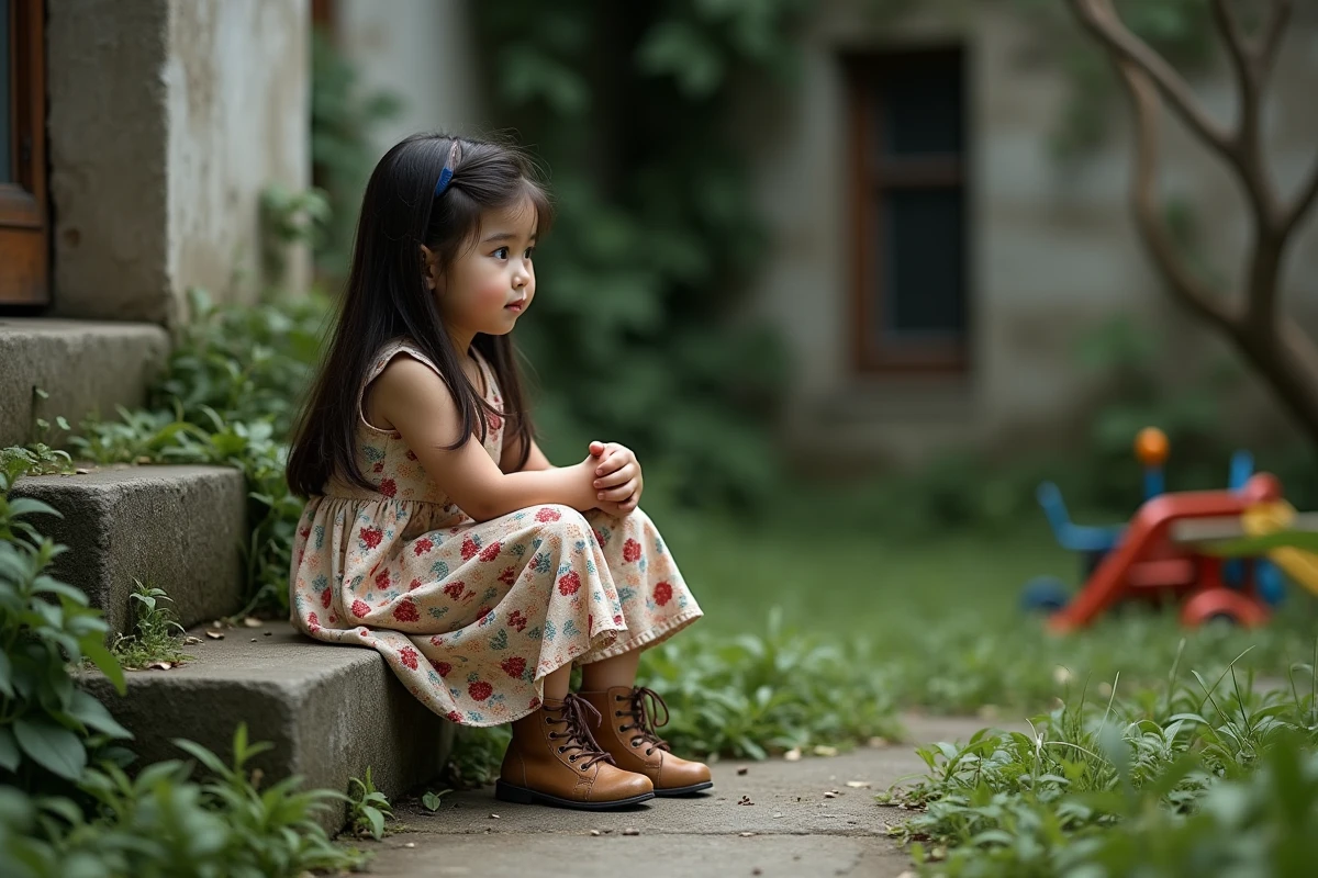 Jeune fille assise sur un pas de jardin dans un espace vert