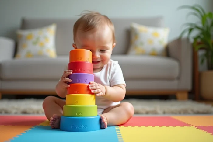 Bébé de 8 mois empilant des gobelets gigognes colorés en plastique sur un tapis de jeu mousse