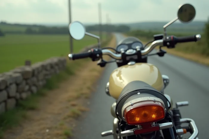 Gros plan sur le clignotant arrière ambre d'une moto de tourisme garée en bord de route rurale
