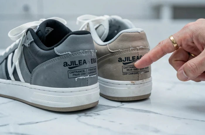 Gros plan sur deux sneakers côte à côte révélant les différences entre original et contrefaçon