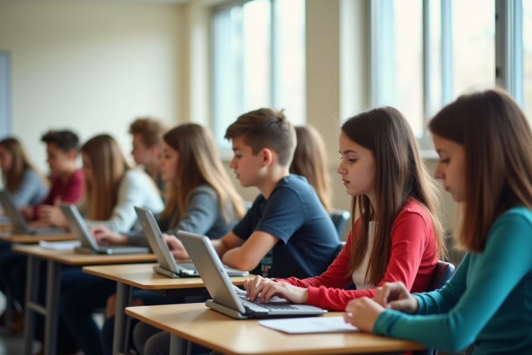 Groupe d'élèves au lycée utilisant des tablettes dans une classe lumineuse