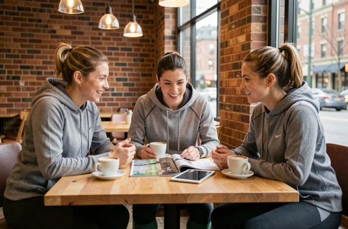 Groupe de femmes passionnées de sport discutant de leurs rubriques sportives préférées dans un café moderne