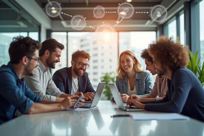 Groupe diversifié utilisant des appareils numériques en équipe
