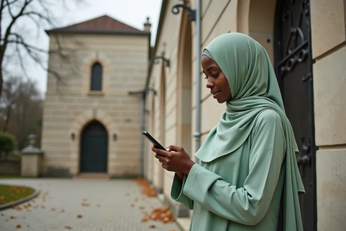 Femme consultant les heures de prière sur smartphone devant une mosquée à Compiègne