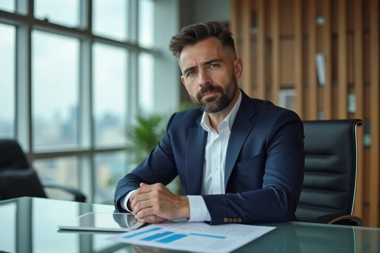 Homme d'affaires en costume navy dans un bureau moderne