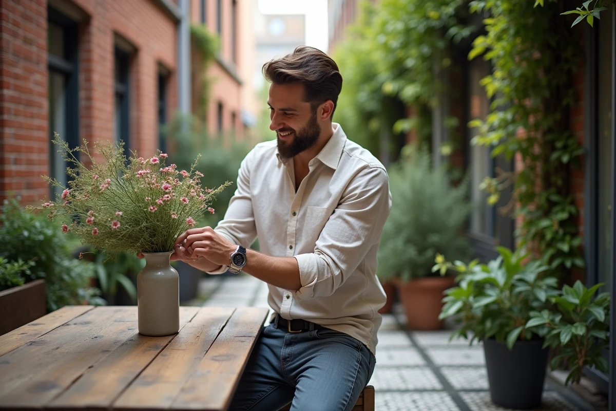 Homme en chemise en lin arrangeant des fleurs sur un balcon urbain
