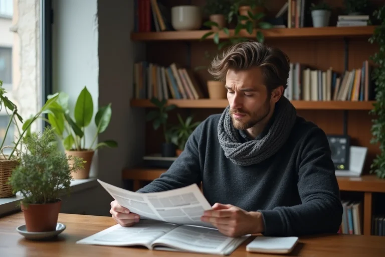 Homme concentré lisant un journal dans un intérieur cosy