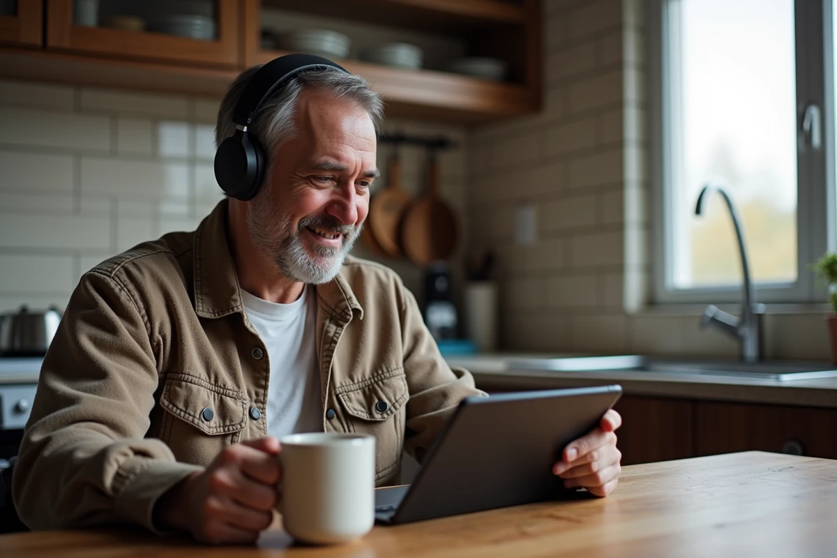 Homme regardant une tablette dans une cuisine rustique
