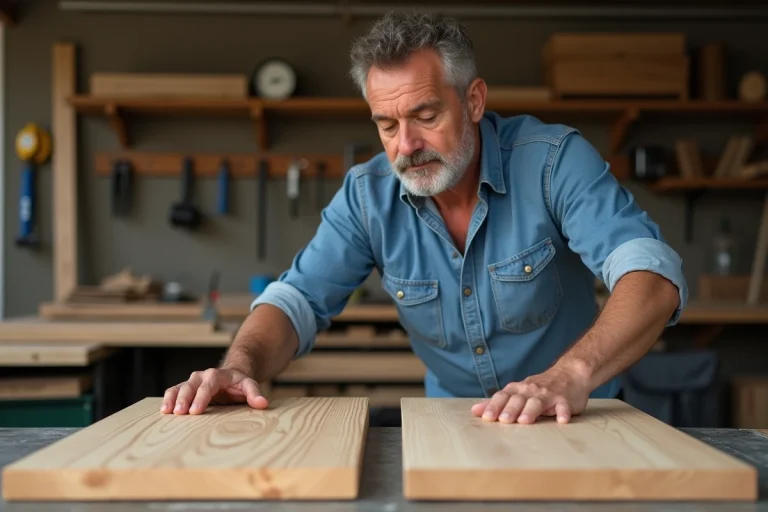 Homme examinant deux panneaux de bois agglomere et melamine