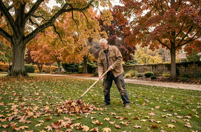 Homme entretenant son jardin en automne en ratissant des feuilles mortes sur une grande pelouse entourée d'arbres aux couleurs automnales