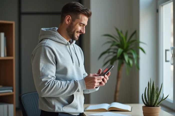Homme consultant les promotions prix rouge La Redoute sur son smartphone dans un bureau à domicile