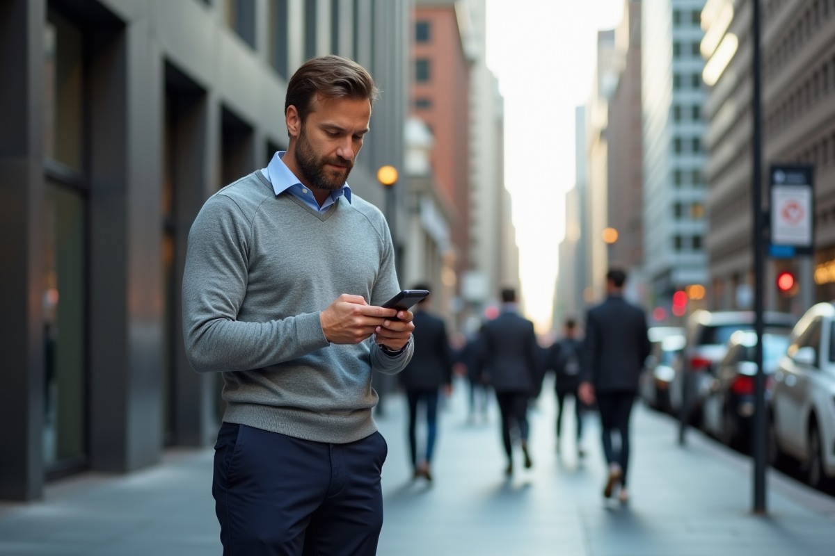 Homme en ville utilisant son smartphone pour prendre rendez-vous
