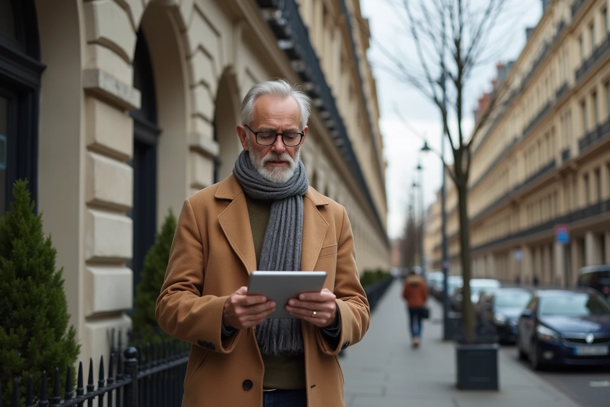 Homme âgé regardant des annonces immobilières dehors
