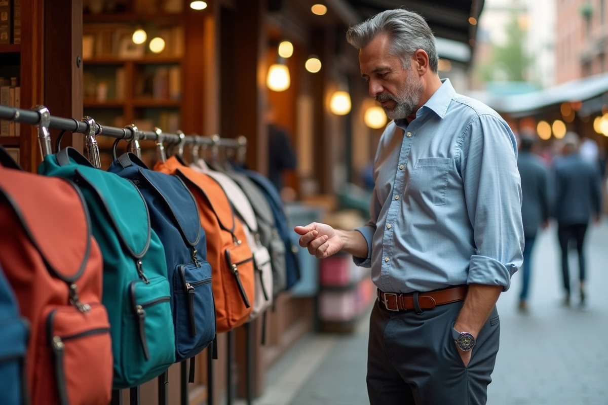 Homme inspecte un sac à dos dans un marché urbain