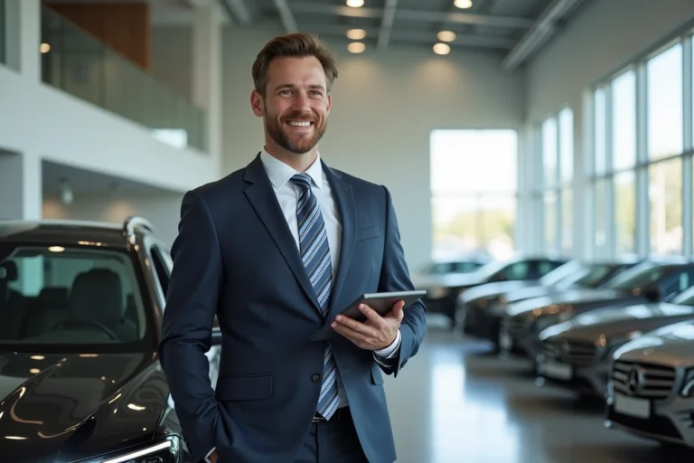 Homme en costume souriant près d'une voiture en concession