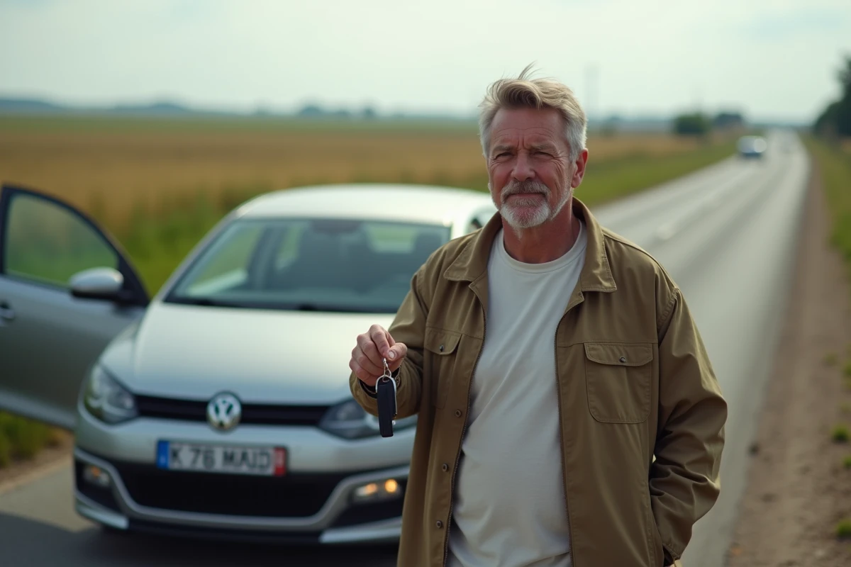Homme avec sa voiture en campagne au bord de la route
