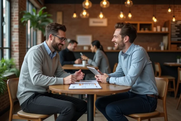 Travailleur indépendant en réunion de conseil avec un consultant dans un café moderne