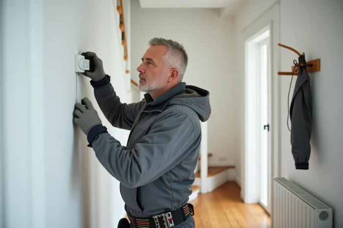 Technicien installant un détecteur de mouvement dans un couloir résidentiel lors d'un équipement de sécurité maison