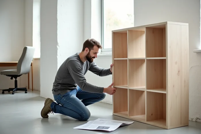 Homme installant et ajustant les étagères d'une bibliothèque modulable en chêne dans un bureau contemporain