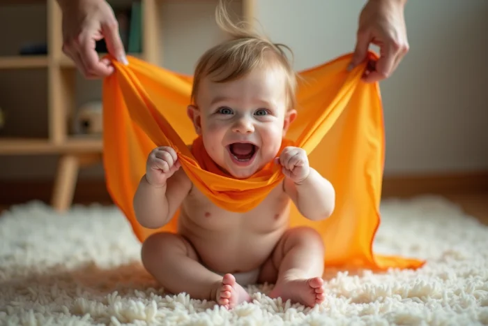 Bébé de 8 mois riant aux éclats pendant un jeu de coucou-caché avec un foulard coloré en soie