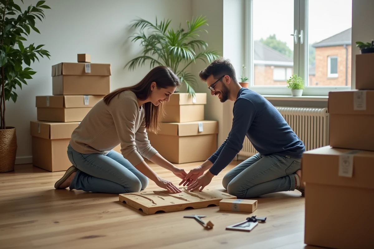 Jeune couple assemblant un meuble en bois dans le salon