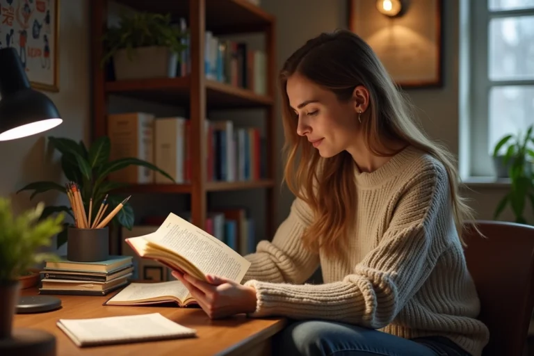 Jeune femme lisant un dictionnaire dans un bureau cosy