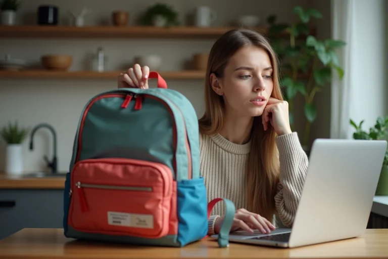 Jeune femme examine un sac à dos coloré dans sa cuisine