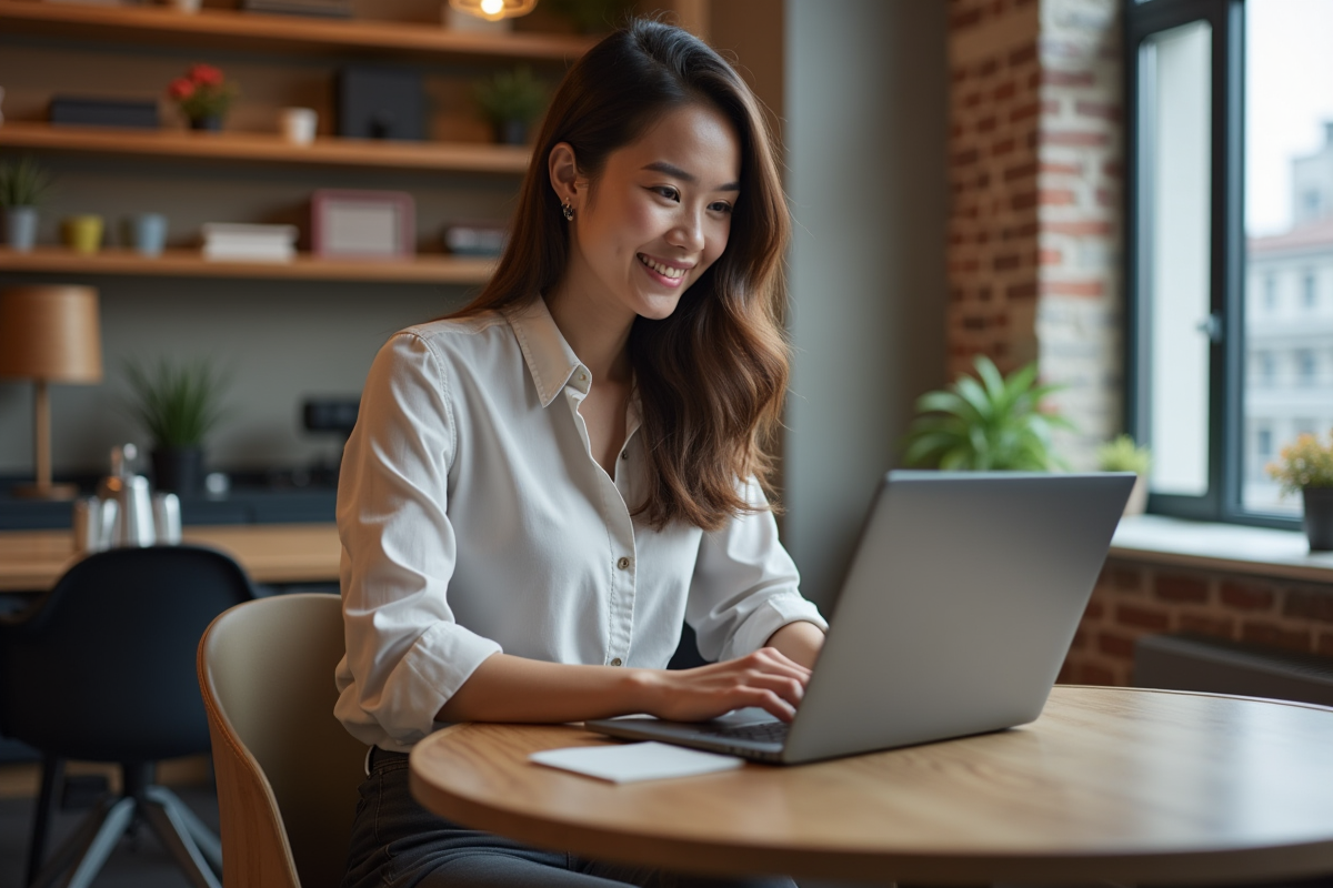 Jeune femme souriante utilisant un ordinateur dans un espace coworking