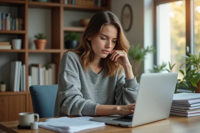 Jeune femme concentrée travaillant sur son ordinateur à la maison