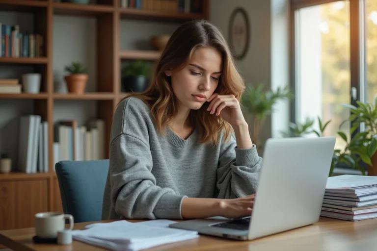 Jeune femme concentrée travaillant sur son ordinateur à la maison
