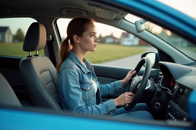 Jeune femme dans sa voiture urbaine en ville