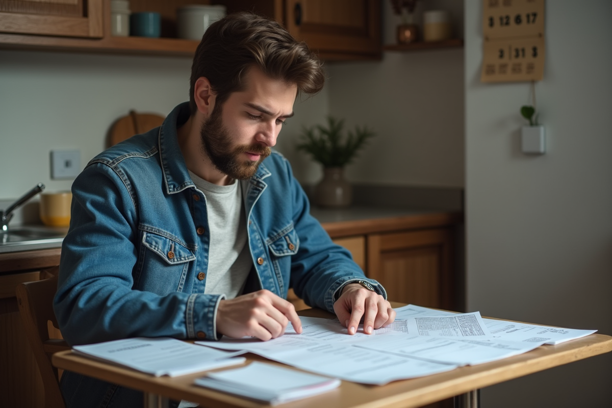 Jeune homme français examinant ses factures à la maison