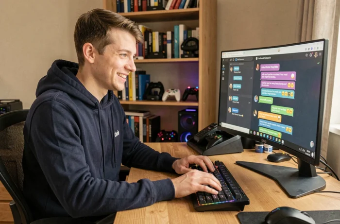 Jeune homme souriant devant un écran Discord utilisant des expressions comme btbf dans un chat en ligne