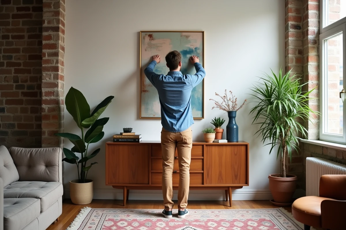Jeune homme accrochant une peinture dans un loft lumineux