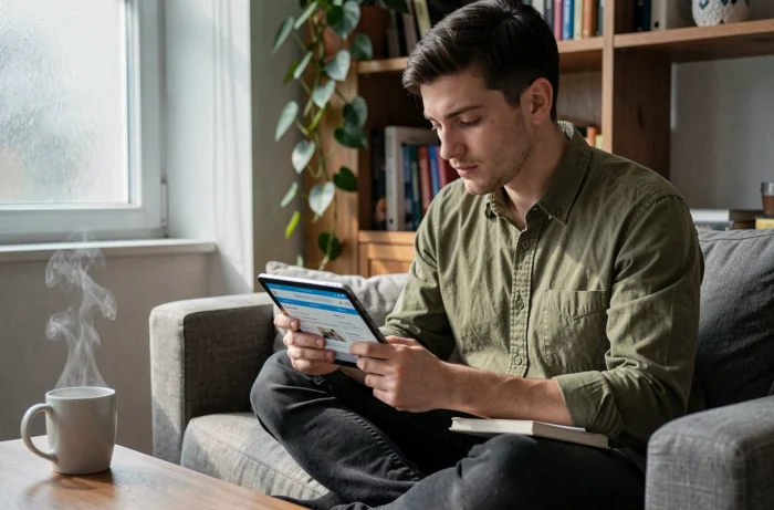 Jeune homme recherchant des formations en ligne depuis son domicile pour améliorer ses compétences professionnelles