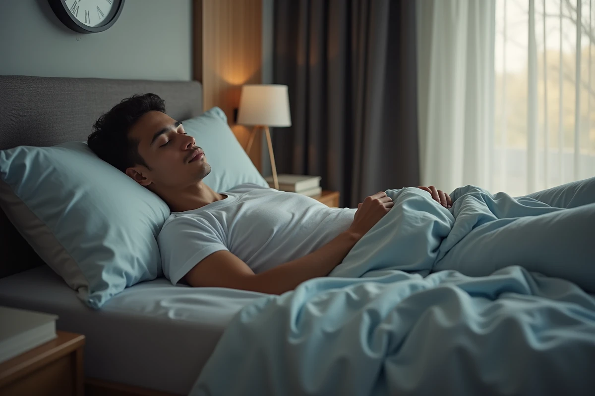 Jeune homme dormant paisiblement dans un lit moderne