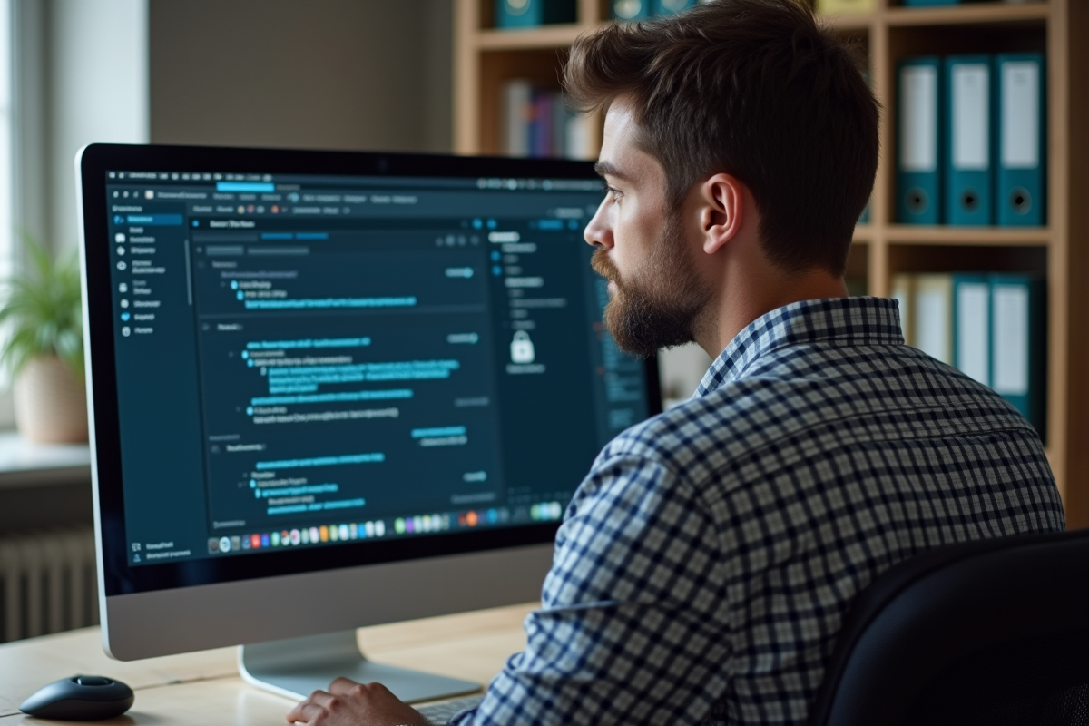 Jeune homme spécialiste informatique surveillant une messagerie sécurisée