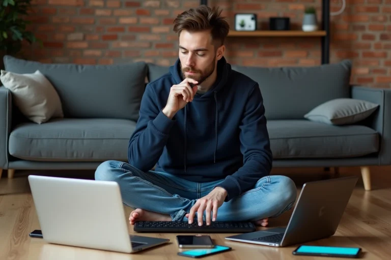 Jeune homme concentré avec gadgets dans un salon moderne